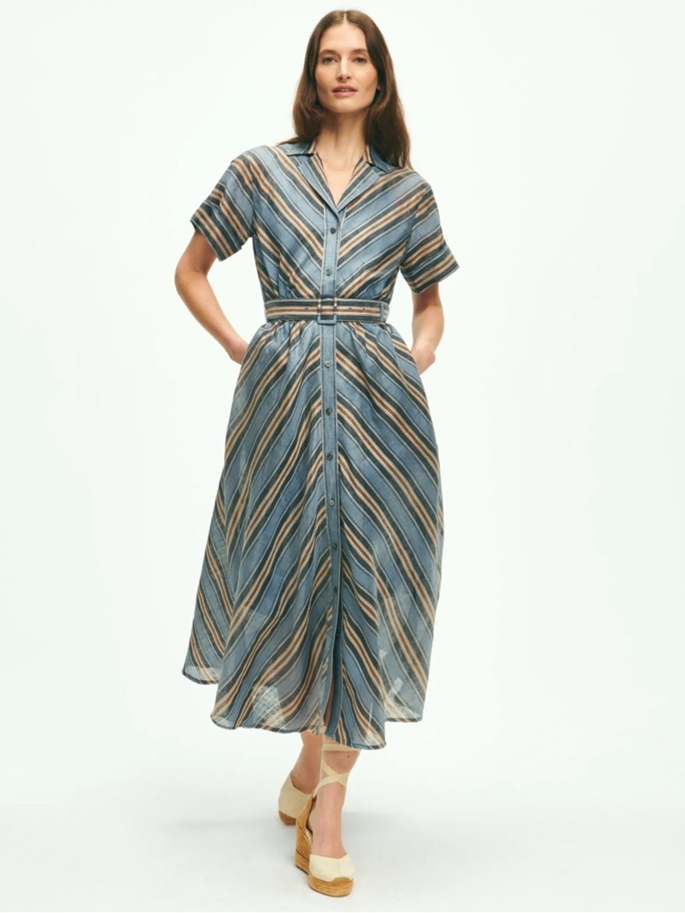 Brook brothers Nipped-Waist Chevron Shirt Dress In Linen Blend
